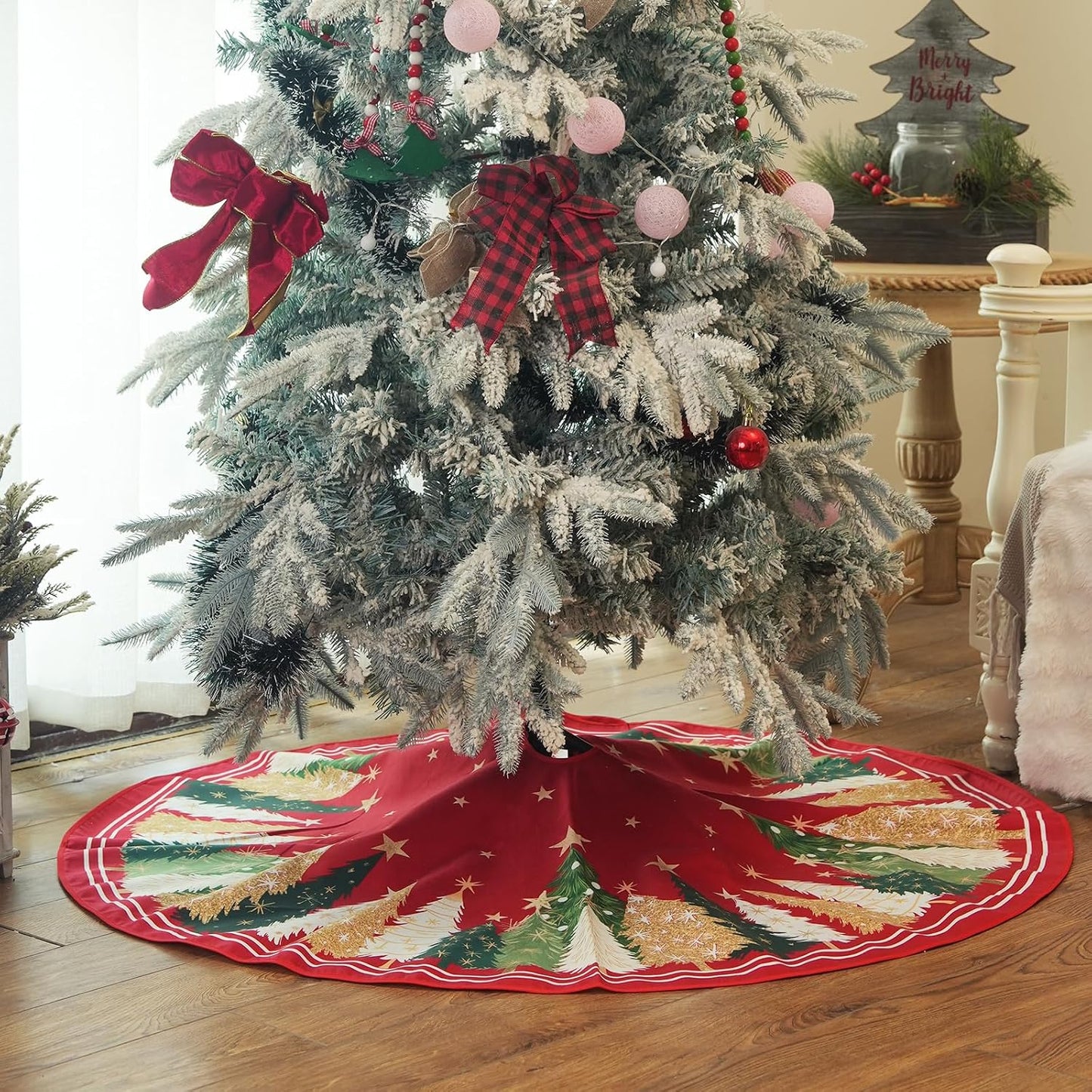 CROWNED BEAUTY Merry Christmas Tree Skirt 48 Inch, Red & Green | Premium soft fabric tree skirt. Features pine trees in red and green for a rustic farmhouse xmas holiday decor.