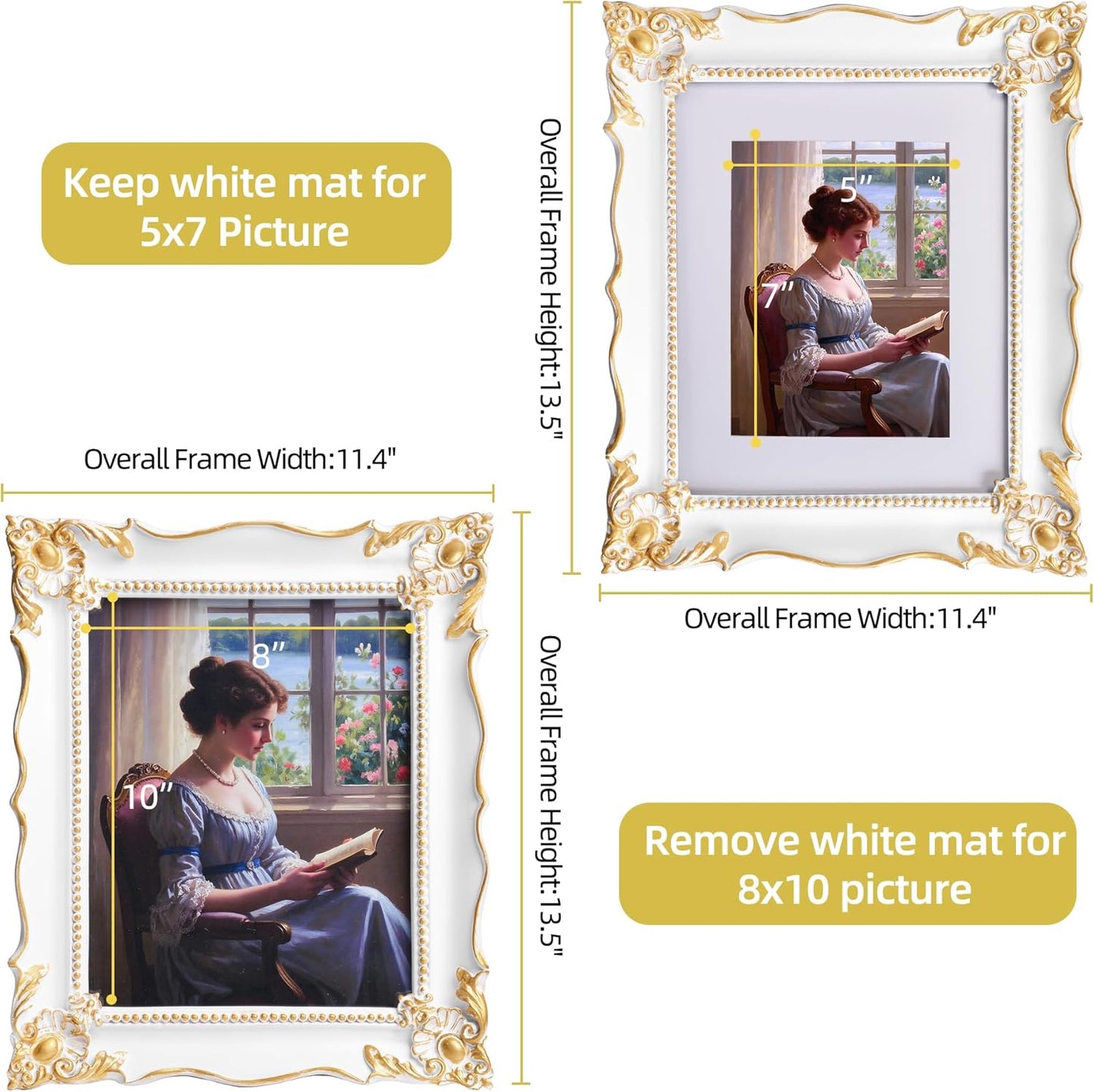 8x10 Vintage Picture Frame with Embossed Flower Design, White Ornate Frame for 8x10 or 5x7 Pictures with White Mat, Hand-Crafted Resin Antique Frames for Tabletop & Wall Hanging, Home Decor (White)