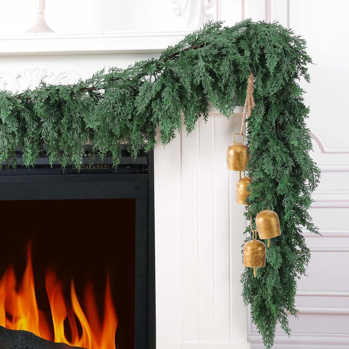 Hananona 9 FT Artificial Cedar Garlands, Real Touch Winter Cedar Pine Garland, Green Artificial Greenery Garland for Table, Mantle, Wall, Indoor, Outdoor Christmas Decorations (1, 9 FT)