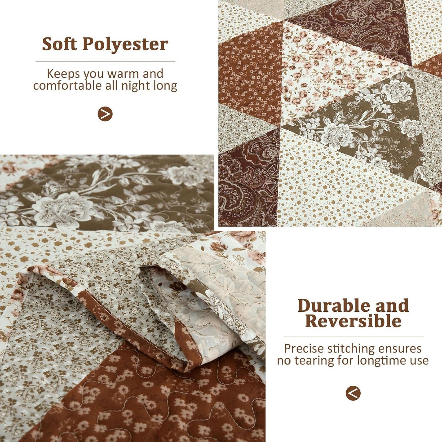 Dobuyly Fall Quilt Queen Size, Brown Floral Triangle Patchwork Bedspread Fall Bedding Set, Soft Lightweight Microfiber Coverlet Set (1 Quilt, 2 Pillow Shams)