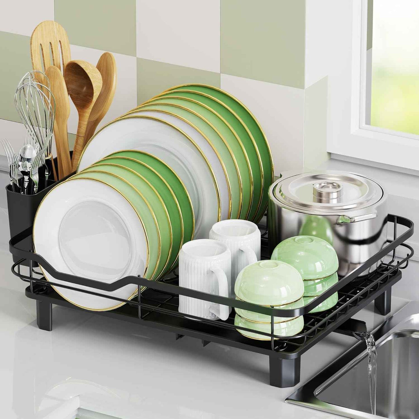 ROTTOGOON Dish Drying Rack, Stainless Steel Rustproof Dish Rack for Kitchen Counter, Sturdy Dish Drainer with Drainboard, Drainage, Utensil Holder for Various Kitchenware, 16.2"(L) x 12.6"(W), Black