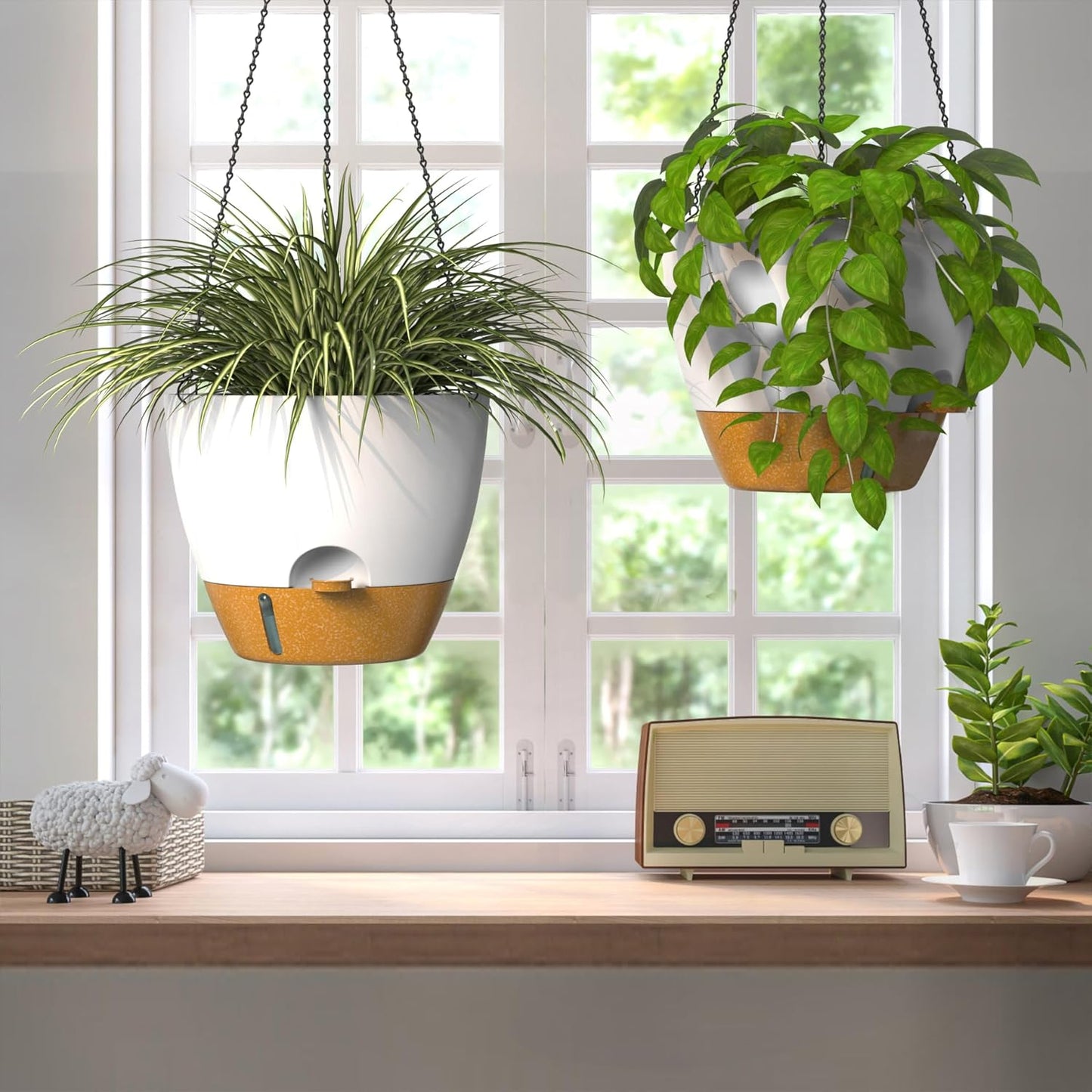 ZMTECH 12 Inch Hanging Planters for Indoor Outdoor Plants, 2 Pack Self Watering Hanging Plant Pots with Drainage Hole, Visual Reservoir, Plastic Flower Hanging Pots with Watering Lip (White)