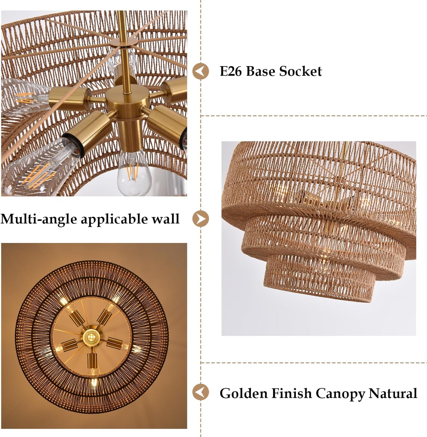 Boho Rattan Chandelier, 6-Light Dining Room Light Fixture,23.62" Wicker Pendant Lighting with3-Tier Woven Lampshade, Large Farmhouse Chandeliers for Kitchen