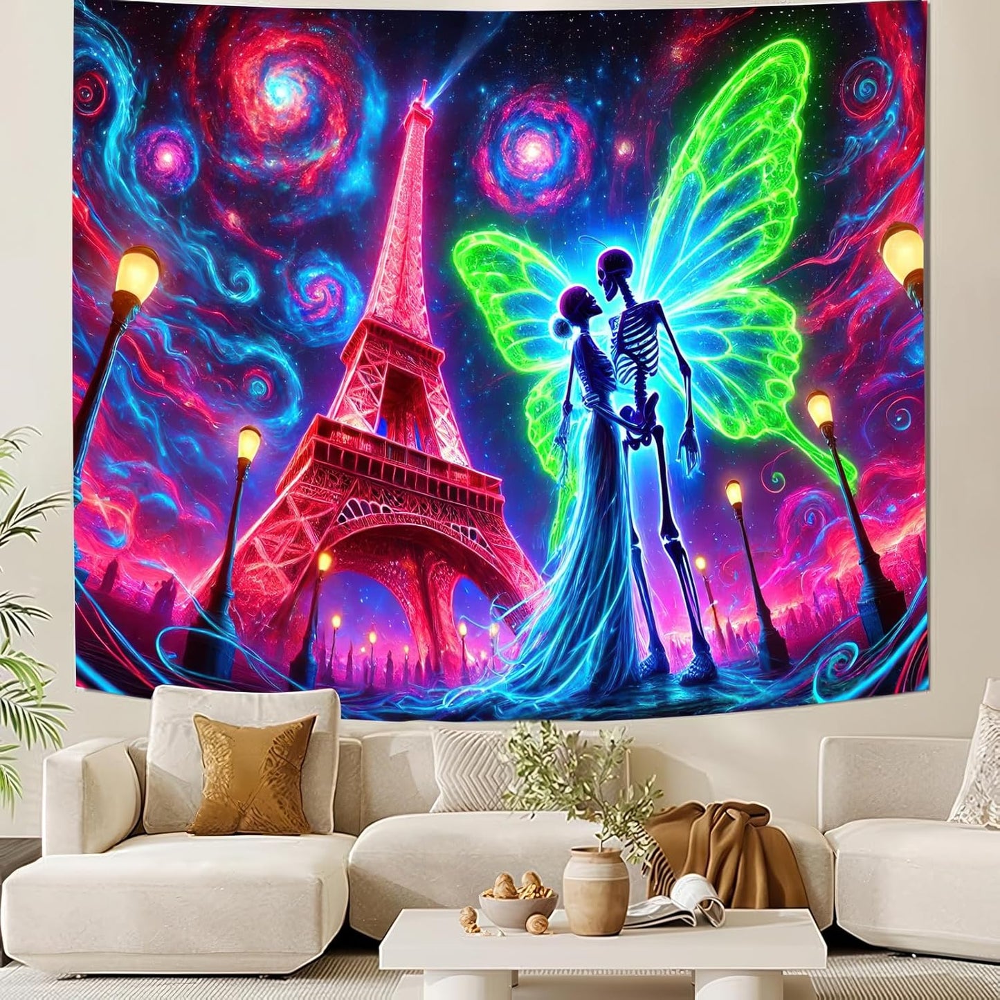 BlissYard Blacklight Skull Tapestry UV Reactive Tapestry 78x59 Inch Black Light Butterfly Galaxy Planet Glowing Large Neon Wall Hanging for Living Room Bedroom Decor Teens