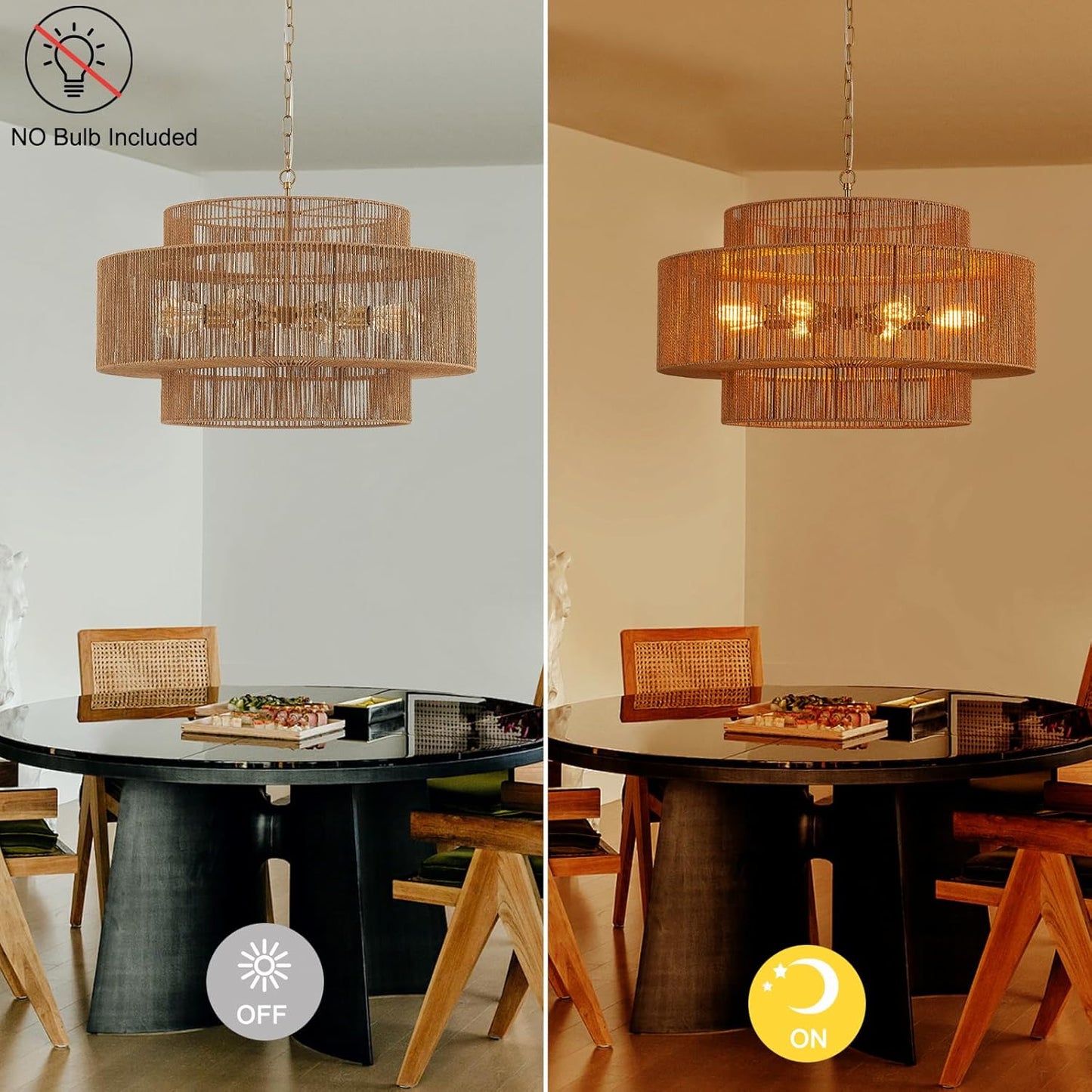 30” Large Hand-Woven Rattan Chandelier Vintage 8-Light Farmhouse Boho Bamboo Chandelier Light Fixture Retro 3-Tier Drum Wicker Rattan Golden Chandeliers for Dining Room, Kitchen, Living Room