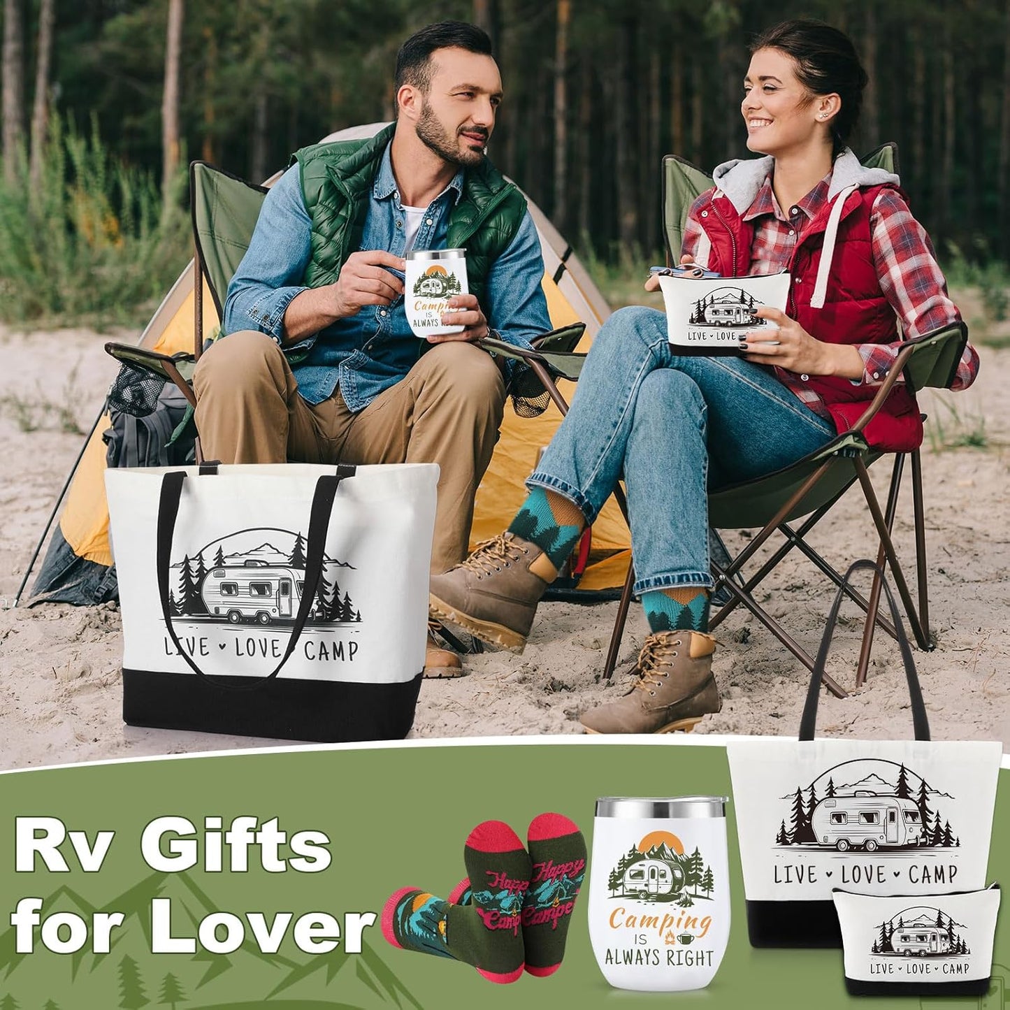 Patelai 4 Pcs Camping Gift Set Canvas Tote Bag 12 oz Stainless Steel Tumblers Socks Travel Makeup Bag Rv Camper Gifts for Women Men Picnics Hiking