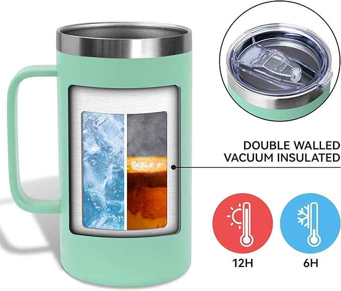 DOMICARE 24oz Mug with Handle and Lid, Stainless Steel Coffee Mug, Reusable Insulated Cup, Travel Mug with Handle, Double Wall Vacuum Coffee Tumbler for Men and Women, Mint Green, Pack 1