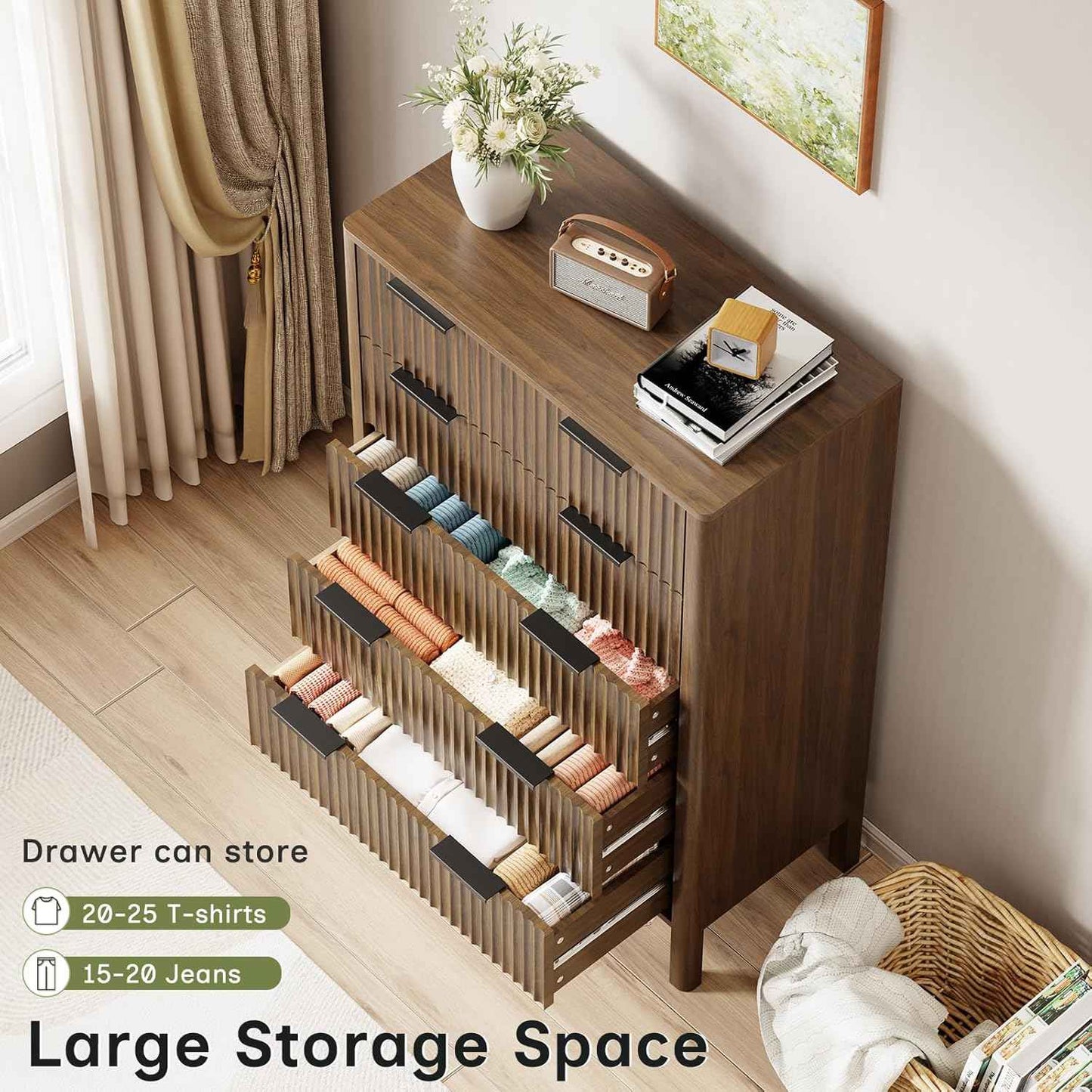 47 Inch Tall Dressers for Bedroom Fluted 5 Drawer Dresser, Wooden Dresser Modern Chest of Drawers Dressers with Organizer Storage for Bedroom, Living Room, Entryway, Walnut