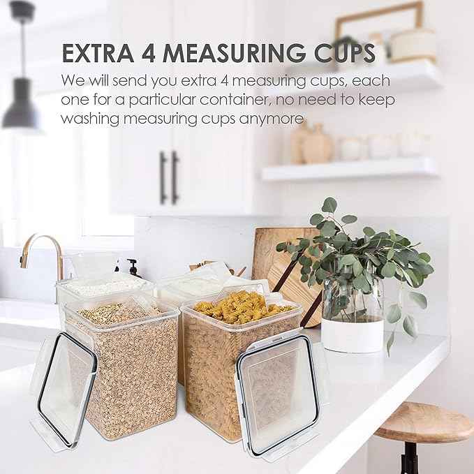 Vtopmart 4 PCS Large Food Storage Containers 5.2L / 175oz, 4 Pieces BPA Free Plastic Airtight Canisters for Flour, Sugar, Baking Supplies, Rice with Lids, 4 Measuring Cups and 24 Labels, Black