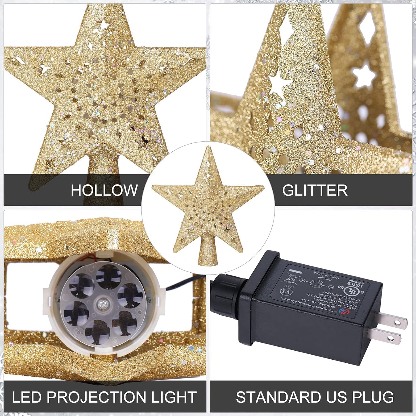 BLOOMWIN Christmas Tree Topper Lighted with Snowflake Projector, LED Rotating Hollow Snowflake, 3D Glitter Lighted Gold Star Tree Topper for Xmas Tree Festival Decorations Lights