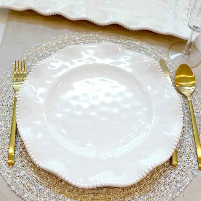 Perlette Off-White Beaded 12-Piece Dinnerware Set – Includes 4 Dinner Plates, 4 Salad Plates, 4 Bowls (7.5" x 2", 22 oz) – Elegant Unbreakable Melamine, Heavyweight, Perfect for Indoor/Outdoor Dining