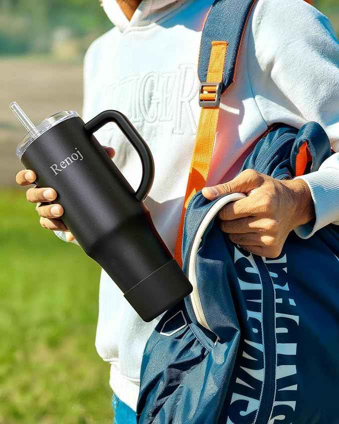 Renoj Insulated Mug 100% Spill Resistant Insulated Water Bottle for Iced Coffee & Hot Drinks - Fits Car Cup Holder, Ideal Gift, 2 Straws & Silicone Boot - FlexSlide White 40 oz