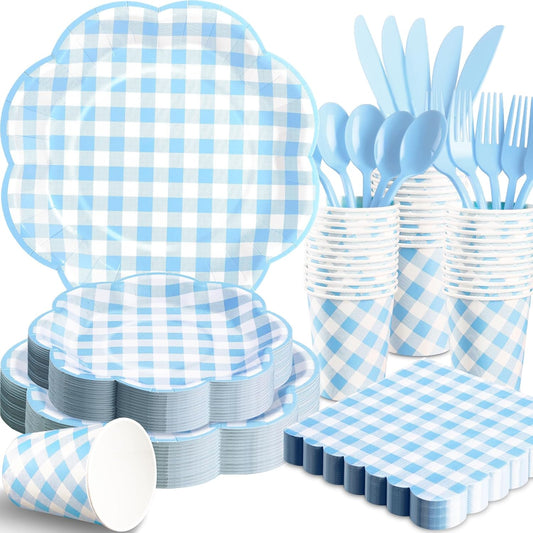 350 Pcs Blue Gingham Plates and Napkins Party Supplies - Blue and White Checkered Plates Sets Serve 50 Guests - Scalloped Gingham Paper Plate for Birthday Dinner Wedding Baby Shower Party Decorations