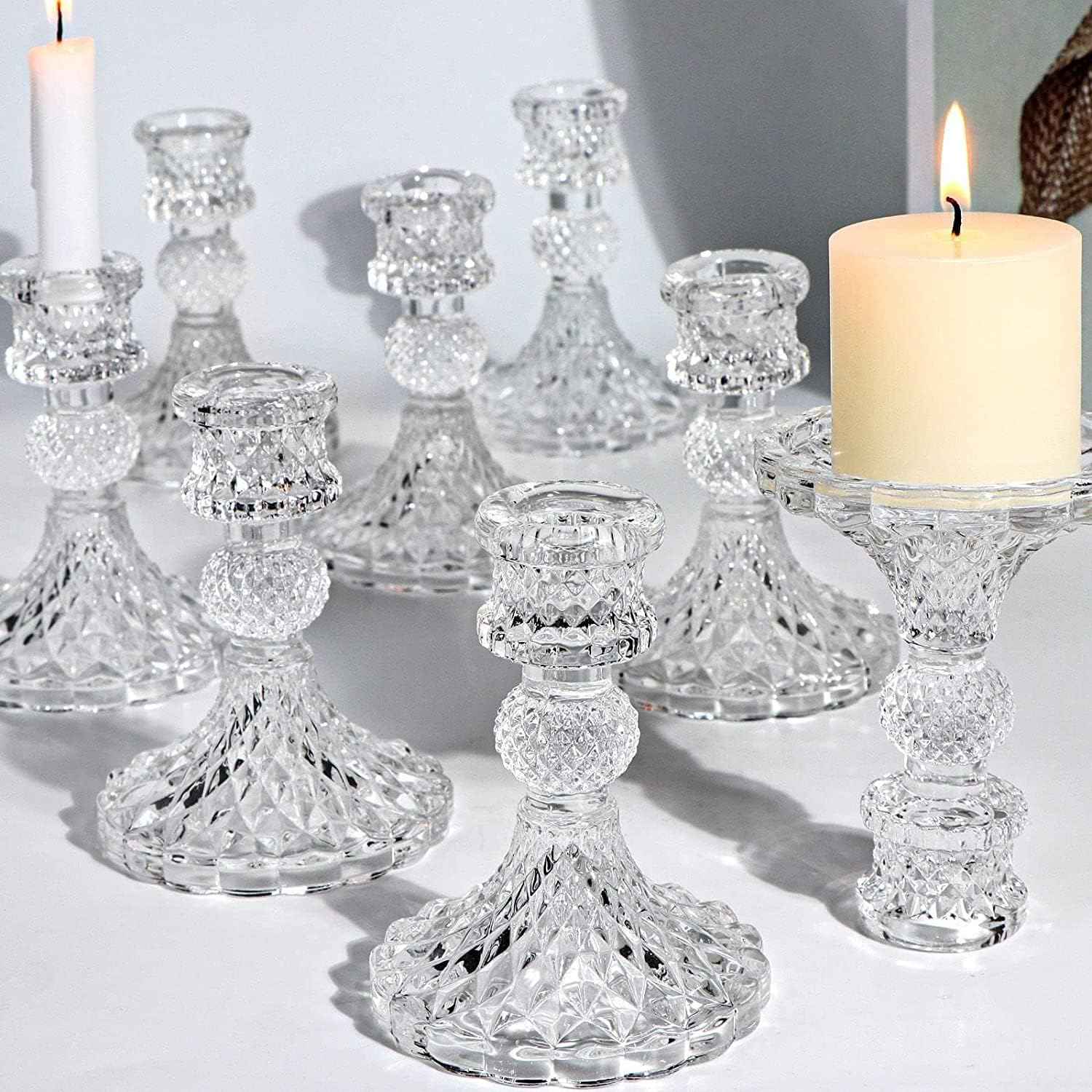 DARJEN Candlestick Holders Set,12Pcs 4" H Taper Candle Holders Bulk, Clear Glass Candle Holders for Wedding, Spring Party, Romantic Dinner, Festival & Windowsill Decor