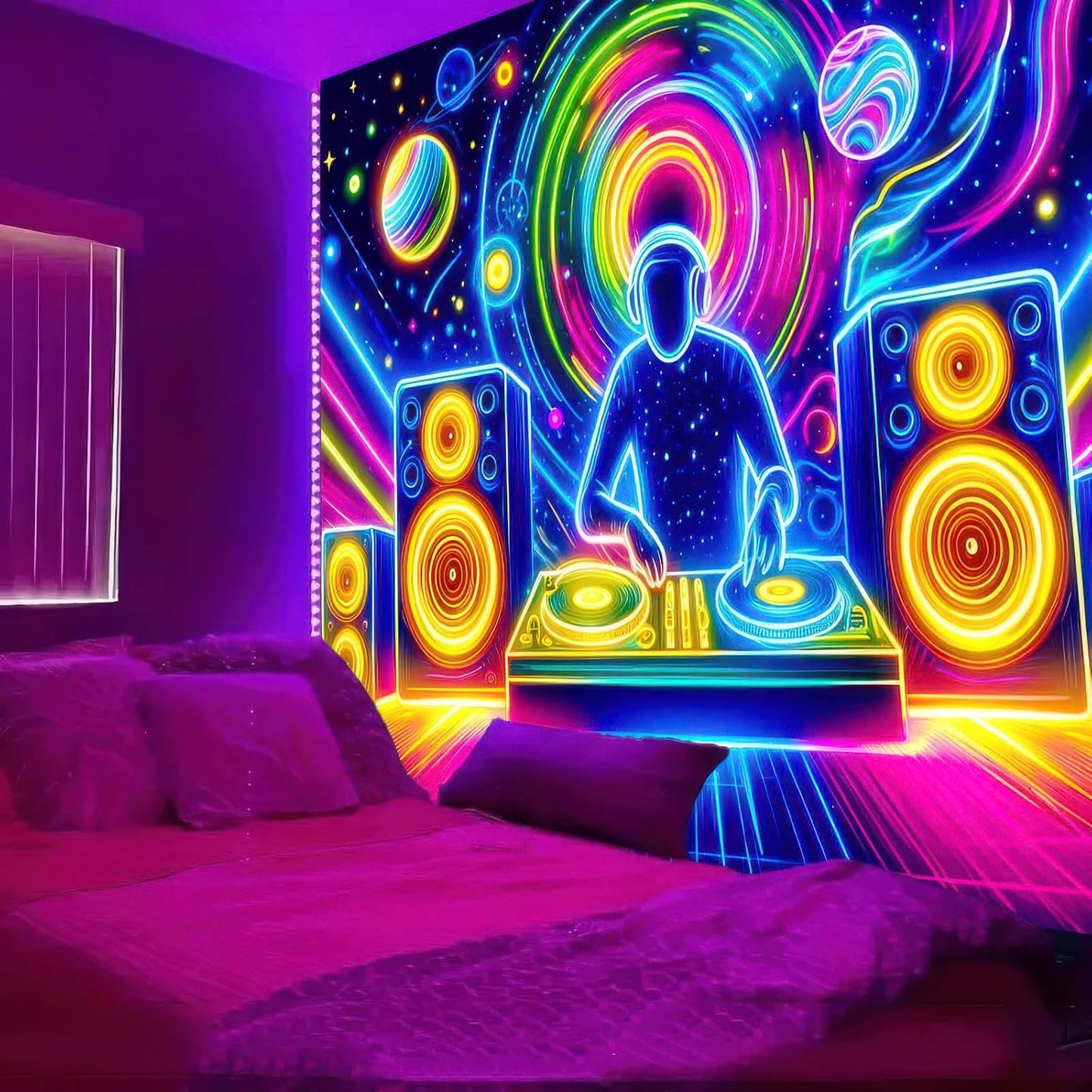 BlissYard Blacklight Tapestry Trippy UV Reactive Fantasy Wall Tapestry Psychedelic Neon Galaxy Space Black Light Tapestries Posters Wall Hanging for Backdrop Bedroom Dorm Living Room Decor 59X78 inch
