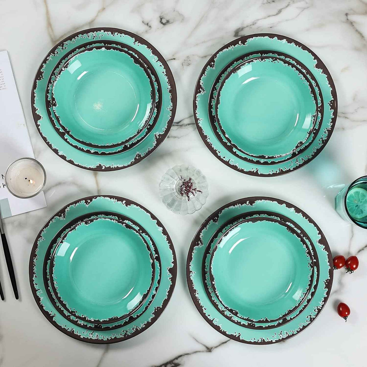 Rustic Melamine Dinnerware Set,12-Piece Plates and Bowls Sets,Yinshine Unbreakable Melamine Dish Set,Lightweight,Service for 4,Dishwasher Safe,Green