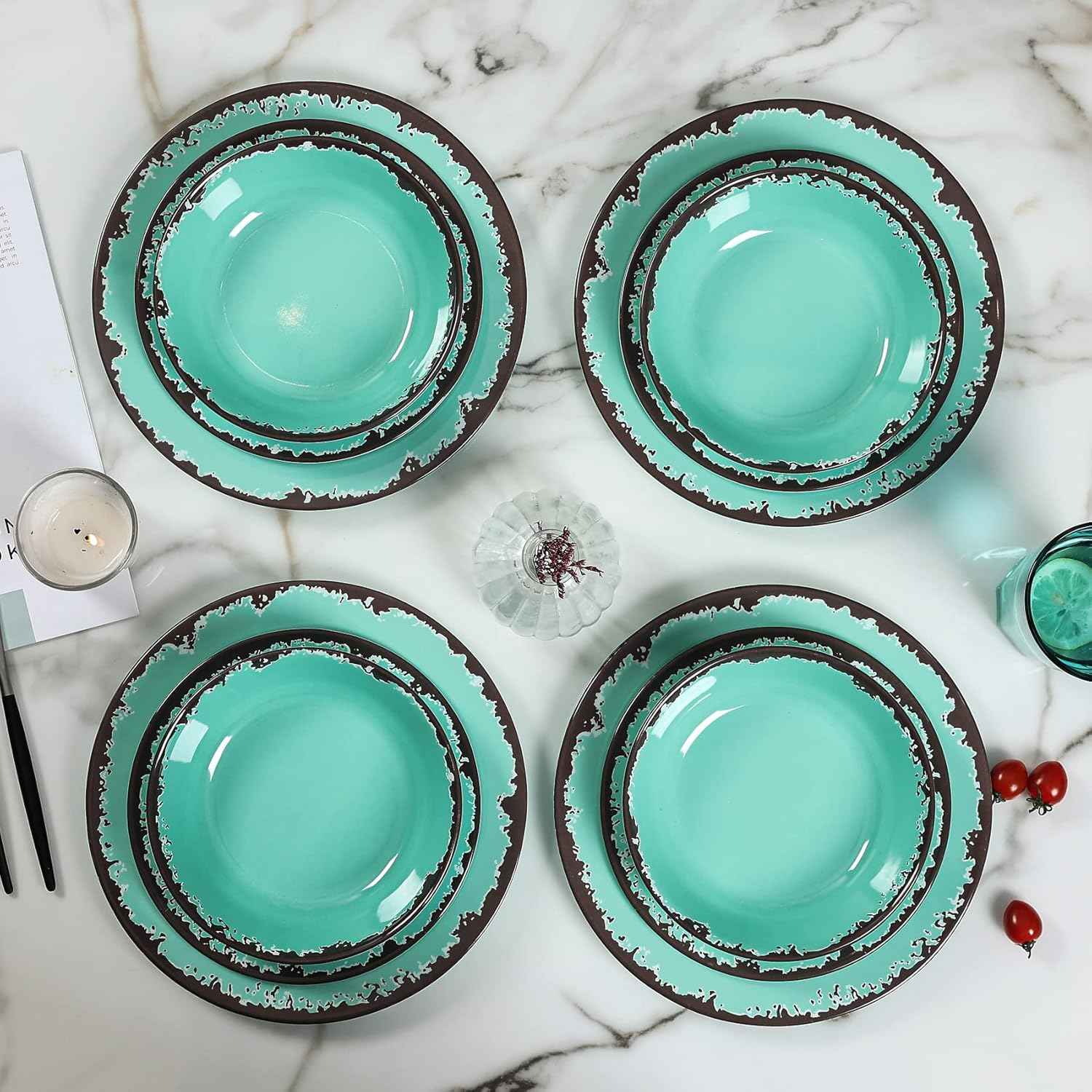 Rustic Melamine Dinnerware Set,12-Piece Plates and Bowls Sets,Yinshine Unbreakable Melamine Dish Set,Lightweight,Service for 4,Dishwasher Safe,Green
