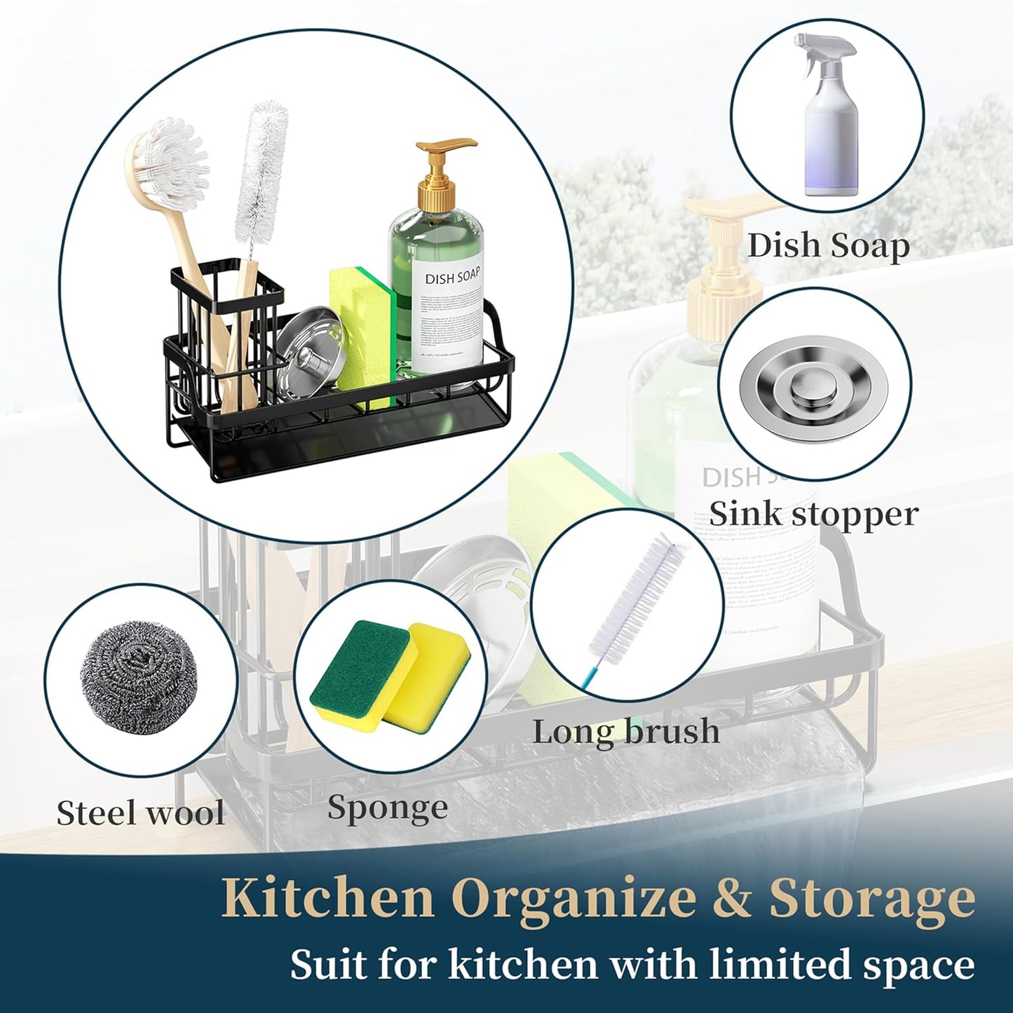 Consumest Sponge Holder for Kitchen Sink - Sink Caddy with Stainless Steel Self Drain Tray, Sink Organizer with High Brush Holder Countertop for Kitchen Sink Accessories, Black