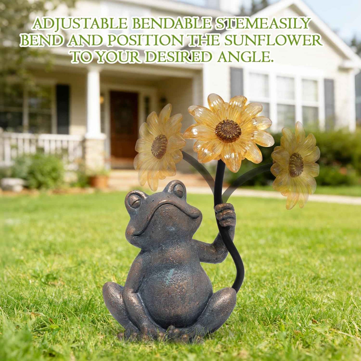 basen Solar Frog Statue with Glowing Sunflower Light, Outdoor Garden Frog Figurine Decor for Yard Lawn Patio, Resin Solar Animal Sculpture with LED Light for Garden Landscape Decoration