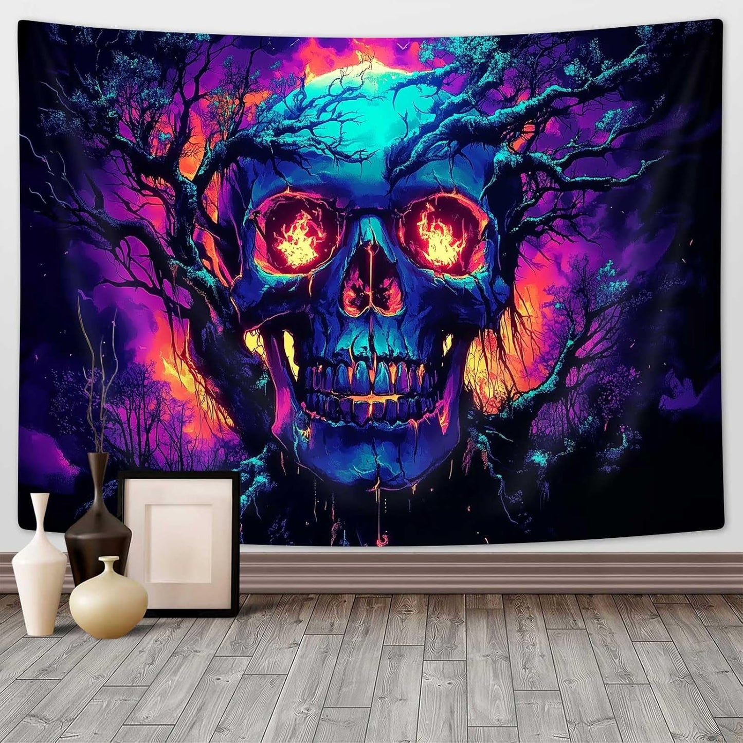Xiaoput Blacklight Fire Skull Tapestry for Bedroom, Trippy UV Reactive Burning Skeleton Forest Wall Hanging Tapestries, Scary Dark Horror Glow in the Dark Tapestries for Living Room Home Dorm 40X30IN