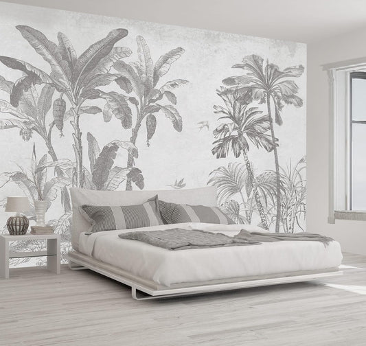 Gray Jungle Landscape Wallpaper Mural Tropical Banana Leaf Wall Mural (Not Peel and Stick)
