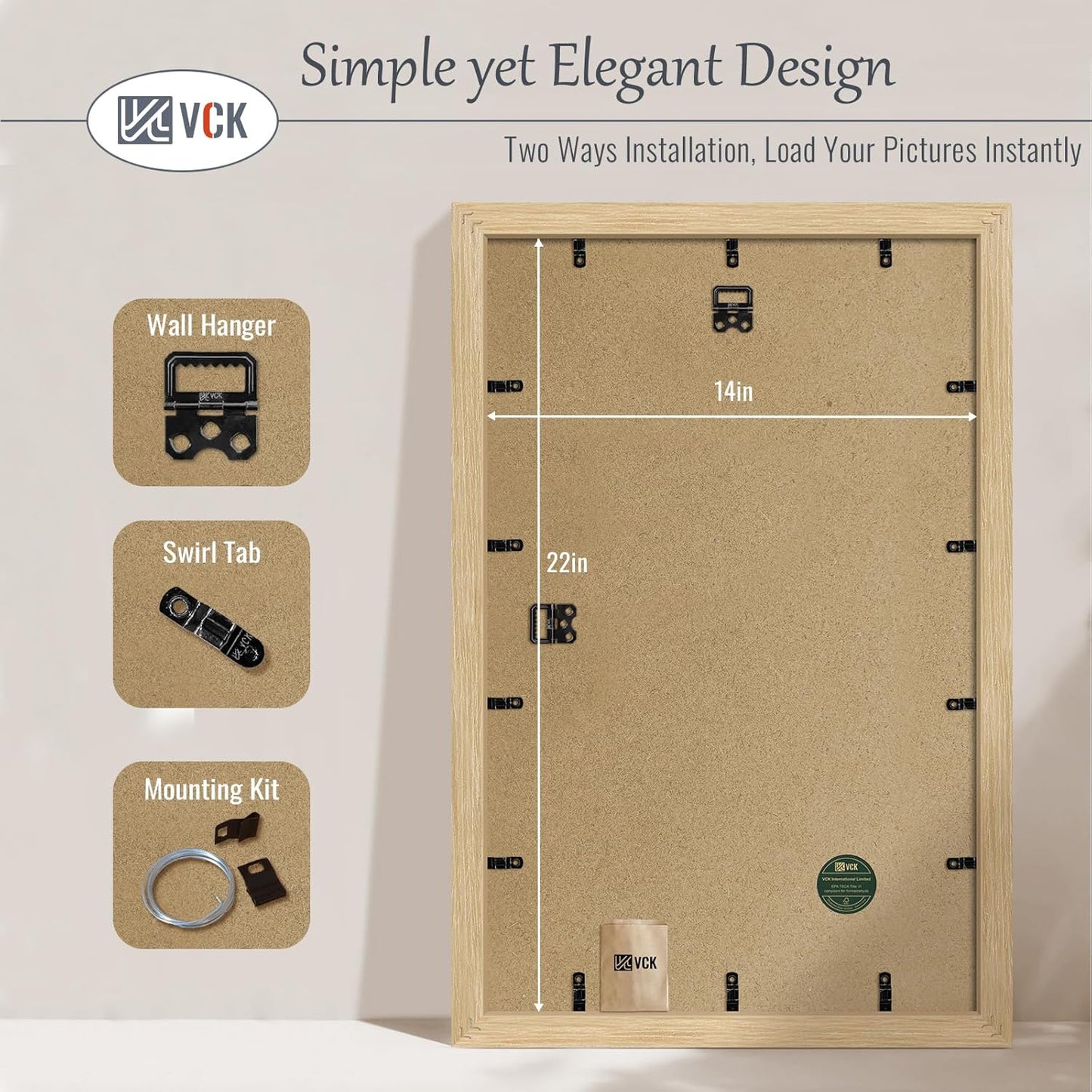 VCK 14x22 Picture Frame Set of 3 - Oak, Natural Solid Wood Poster Frames, Wall Gallery Frame