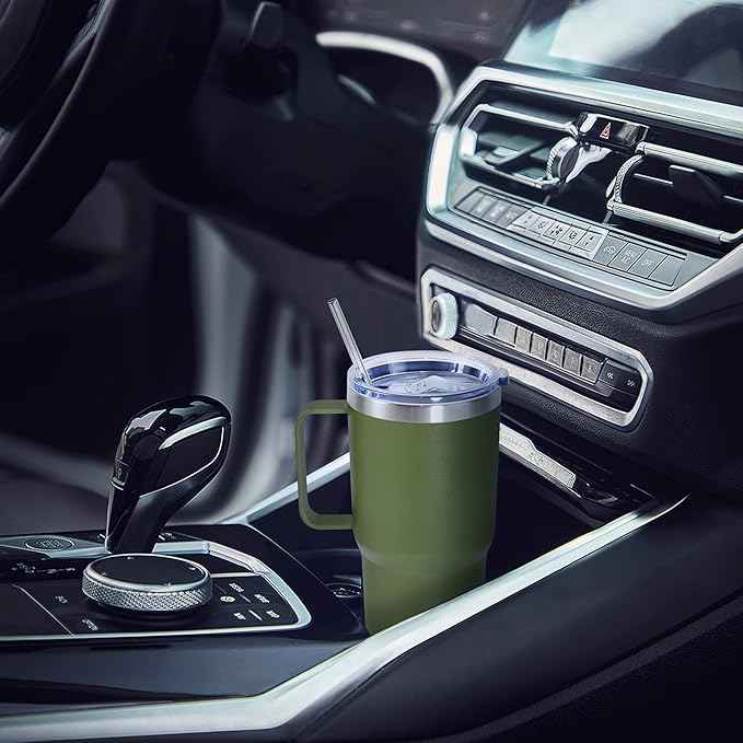 20 oz Tumbler with Handle, insulated cup coffee mug with lid, straw and handle, Double Wall Stainless Steel Vacuum Coffee Tumbler travel mug spill proof, 1pcs Army Green