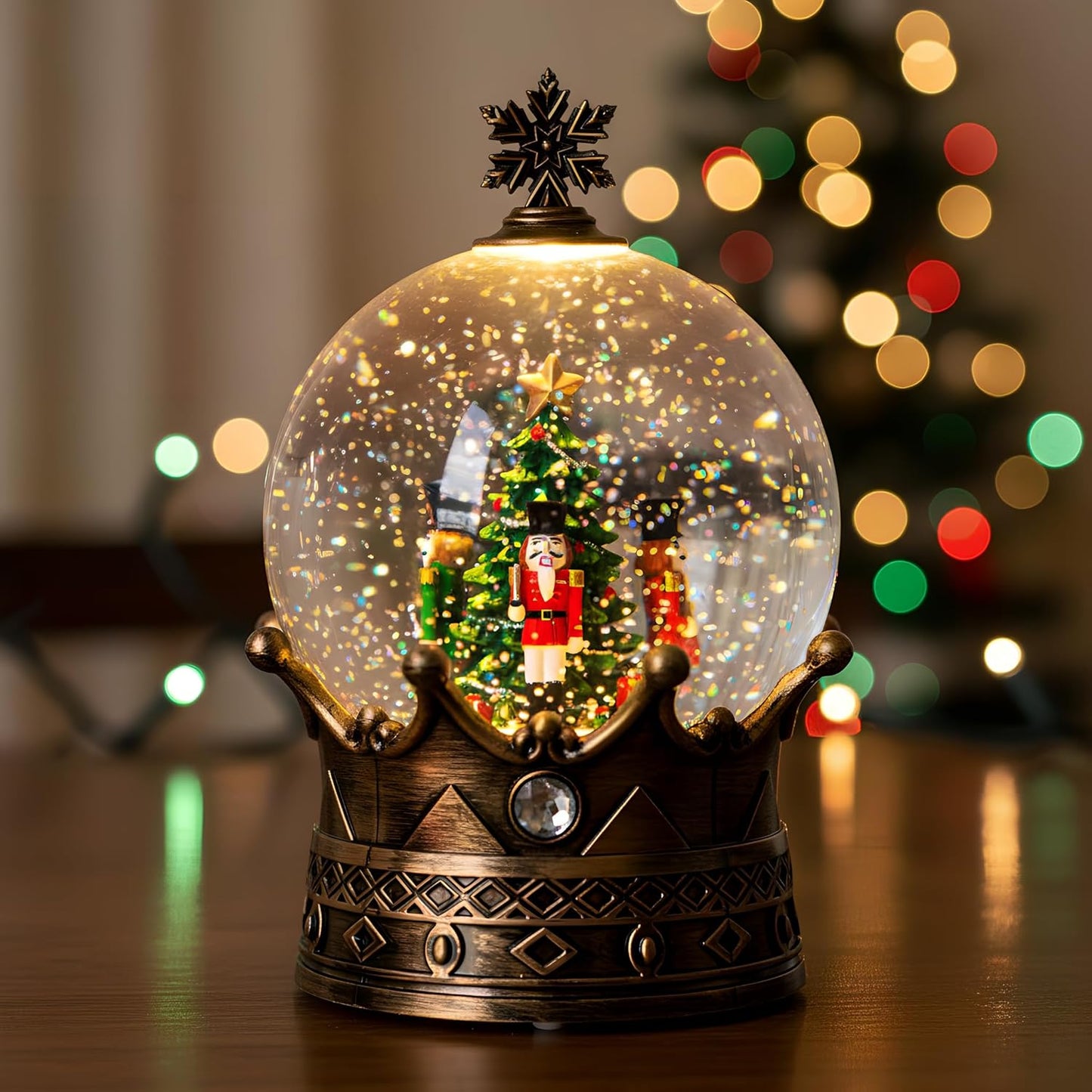 Christmas Snow Globe Lantern Water Glittering Nutcracker Crown with Music, USB Lined/Battery Operated Lighted Lantern for Christmas Festival Decoration Gifts