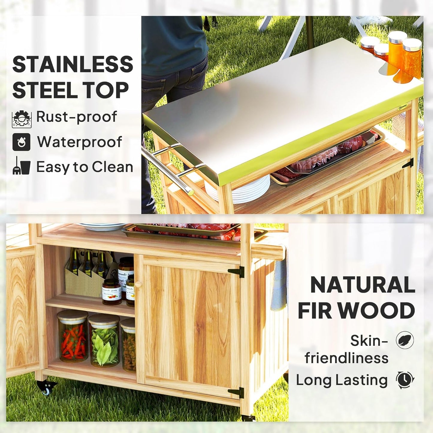 Outsunny Outdoor Grill Cart with Wheels and Storage, Solid Wood Outdoor Kitchen Island with Stainless Steel Top, Movable Bar Cart with Spice Rack, Side Handle, Integrated Hole for BBQ, Natural Wood