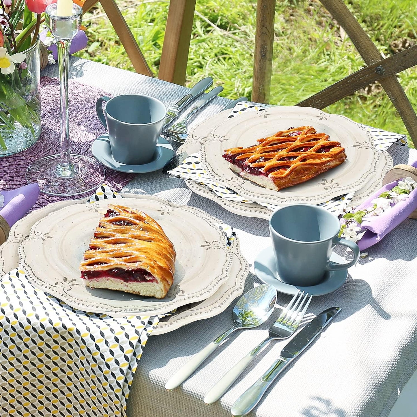 Dinnerware Sets 12 pcs Plates and Bowls Sets Melamine Plates Indoor and Outdoor use French Court Style Dish Set Plate Set for 4 Dishwasher Safe（White）