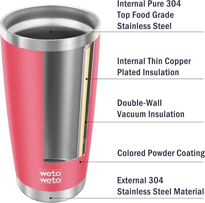 WETOWETO 20oz Tumbler with 2 lids and 2 straws, Stainless Steel Vacuum Insulated Water Coffee Tumbler Cup, Double Wall Powder Coated Spill-Proof Travel Mug Thermal Cup (Watermelon Red, 1 Pack)