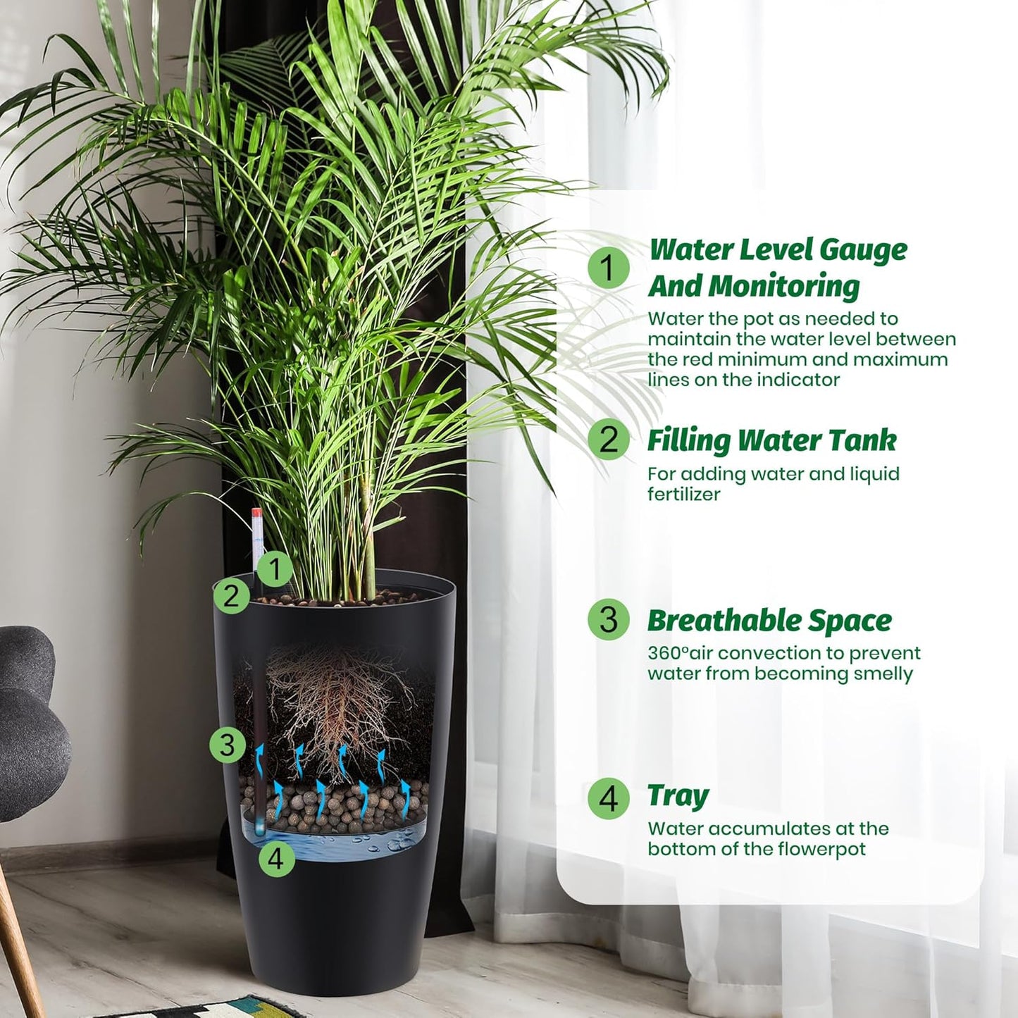 22" Tall Round Planter Set of 2, Self Watering Pots for Indoor Plants, Large Flower Pot Outdoor with Built-in Drainage and a Water Level Monitor, for Patio, Porch, Living Room, or Home Office, Black