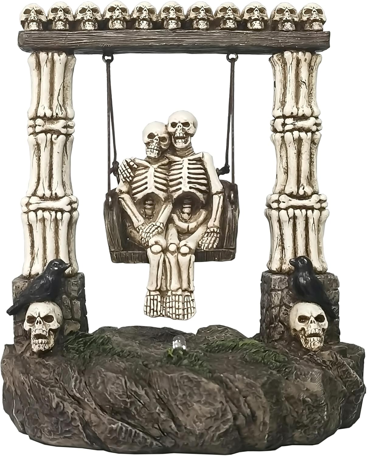 JORAE Swinging Skeleton Statue Couple on Light Up Color Changing LED Roman Pillars Skull Halloween Figurine Day of The Dead Collectible Home Decor, 6.7" H
