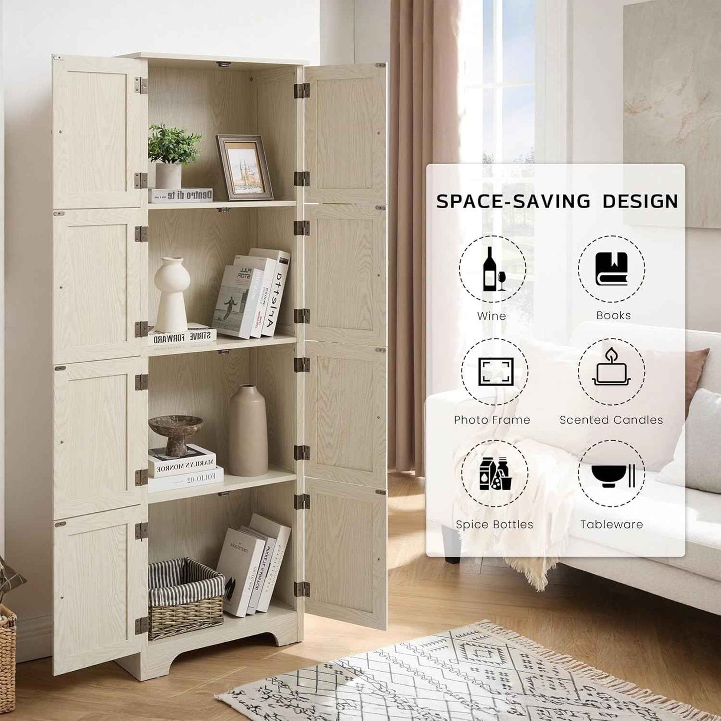 Farmhouse Tall Storage Cabinet with 8 Doors, 72" H Wooden Kitchen Pantry with 4 Shelves, 4-Tier Freestanding Bookshelf, Rack for Living Room (White & Style 2)