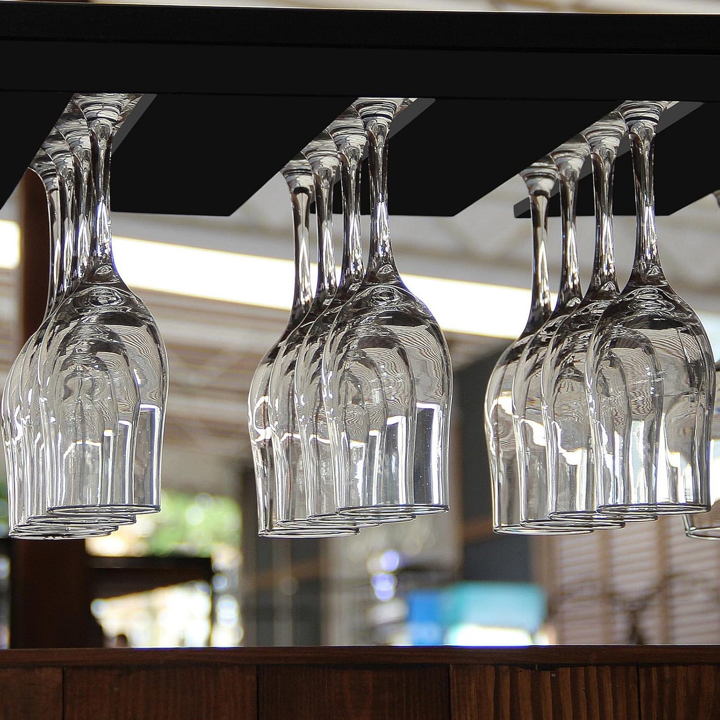 2PC Black Wooden Hanging Wine Glass Rack - Wall Mount Stemware Holder 25.3x11x2 cm - Space Saving Bar Organizer for Kitchen, Dining Room Home Decor (2pc)