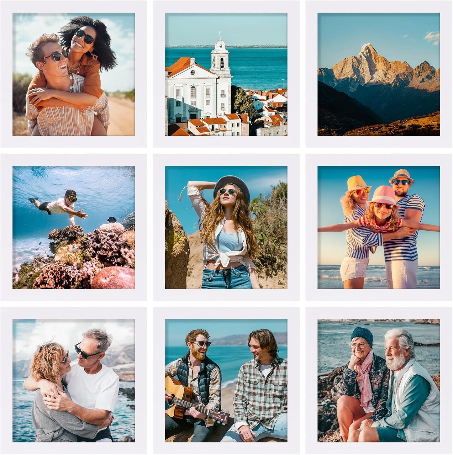 Vittanly 8x8 Picture Frames Set of 9, Shatter Resistant Plexiglass, Display 4x4 Pictures with Mat or 8x8 without Mat, Photo Frames for Wall Mount, Engineered Wood, White