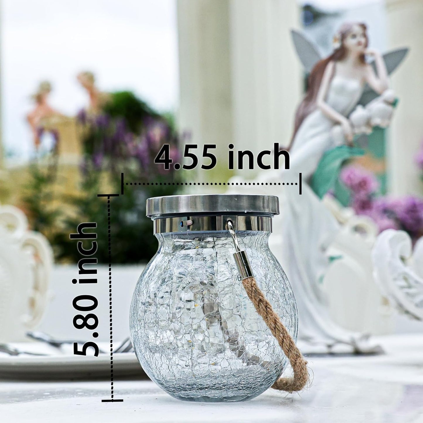 Cooo 6 Pack Heavy Crackle Glass Solar Lantern with 30 LED Firefly Lights– Waterproof Outdoor Hanging Lamp 215% Larger Solar Panel, Stainless Steel Lid Decorative Lighting for Garden Patio Table