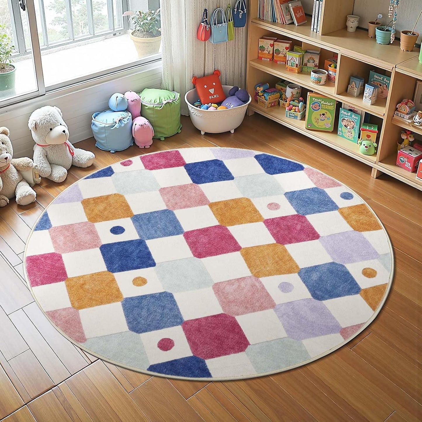 jinchan Round Rug 5ft Kids Washable Rug Indoor Floor Cover Non-Slip Soft Elementary School Classroom Modern Colorful Diamond Carpet for Nursery Daycare Bedroom Playroom Living Room Berries on Cream