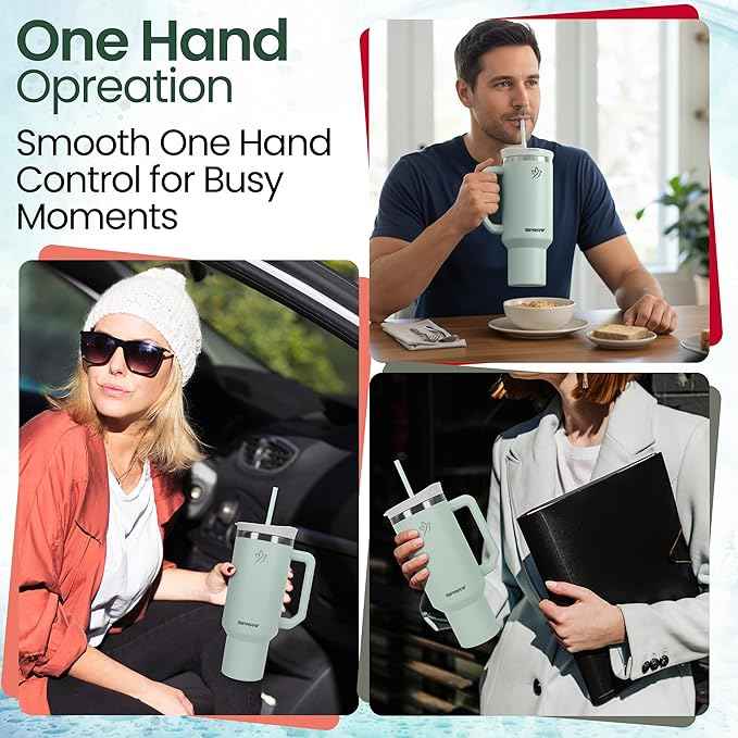 40oz Tumbler with Handle and Straw Insulated Stainless Steel Travel Mug Vacuum Double Wall Coffee Cup Leak Resistant Lid BPA-Free Cup Holder Friendly for Hot & Cold Drinks, Pastel Green