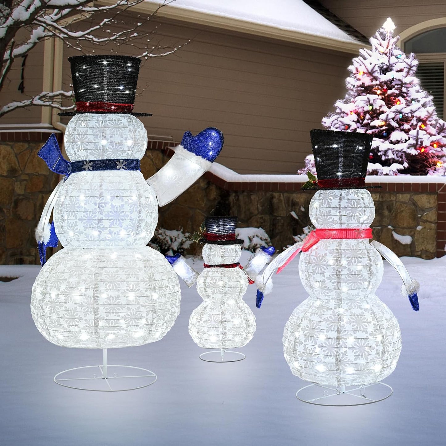 3 Piece Pre-lit Christmas Snowman Family, 270 LED 3D 2ft+3ft+5ft Lighted Snowman for Outdoor Indoor Xmas Decorations