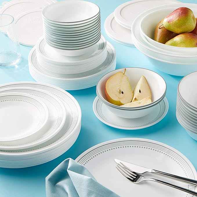 Corelle Vitrelle 78-Piece Service for 12 Dinnerware Set, Triple Layer Glass and Chip Resistant, Lightweight Round Plates and Bowls Set, Mystic Gray