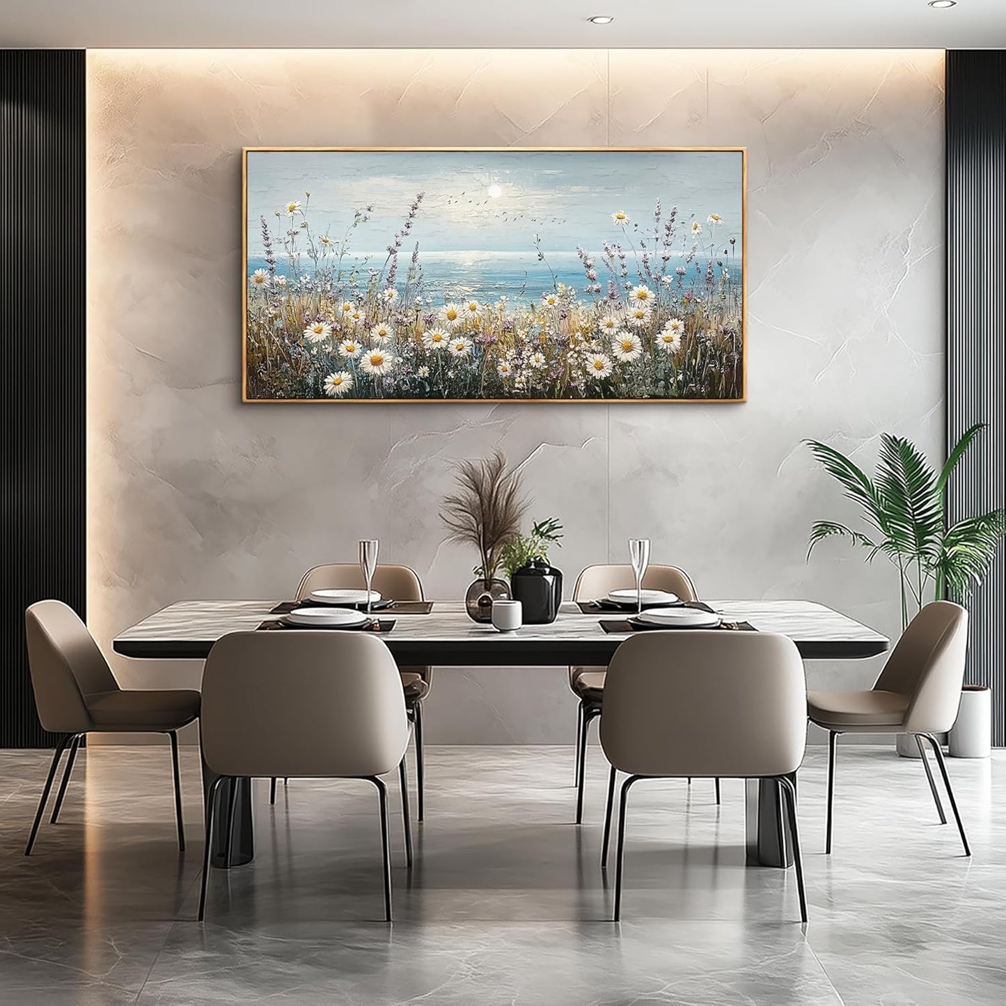 PHAOHUAXM Large Canvas Wall Decoration For Living Room Wall Art For Bedroom Office Decorations Blue Ocean Paintings Flowers Watercolour Wall Pictures Canvas Artworks Home Decor Wood Framed 24x48 In