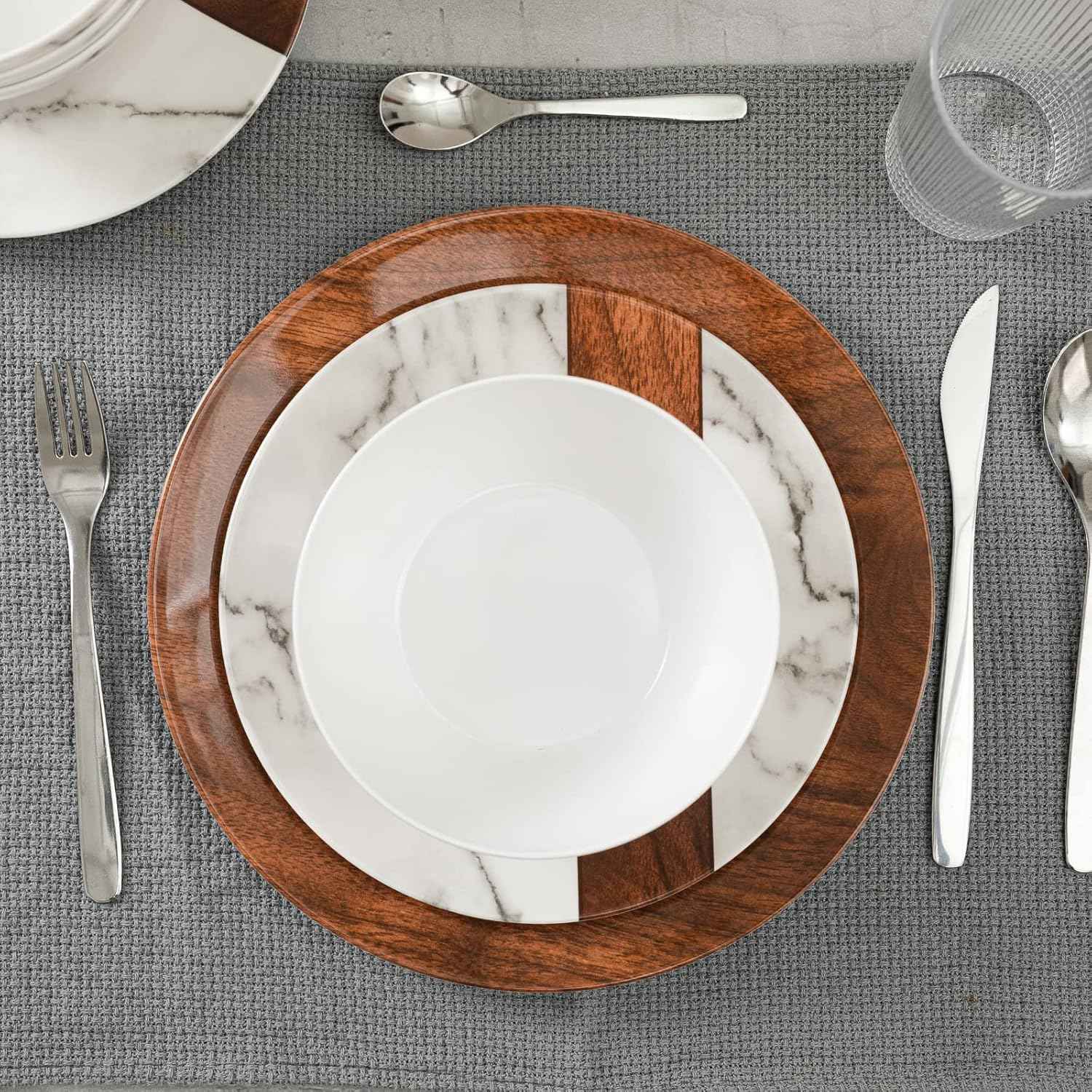 LEHAHA Rustic Modern Melamine Dinnerware Sets, Marble 12-Piece Lightweight Outdoor Plates and Bowls Sets, Unbreakable Wood Patterns Dishes Dinnerware Set, Service for 4…