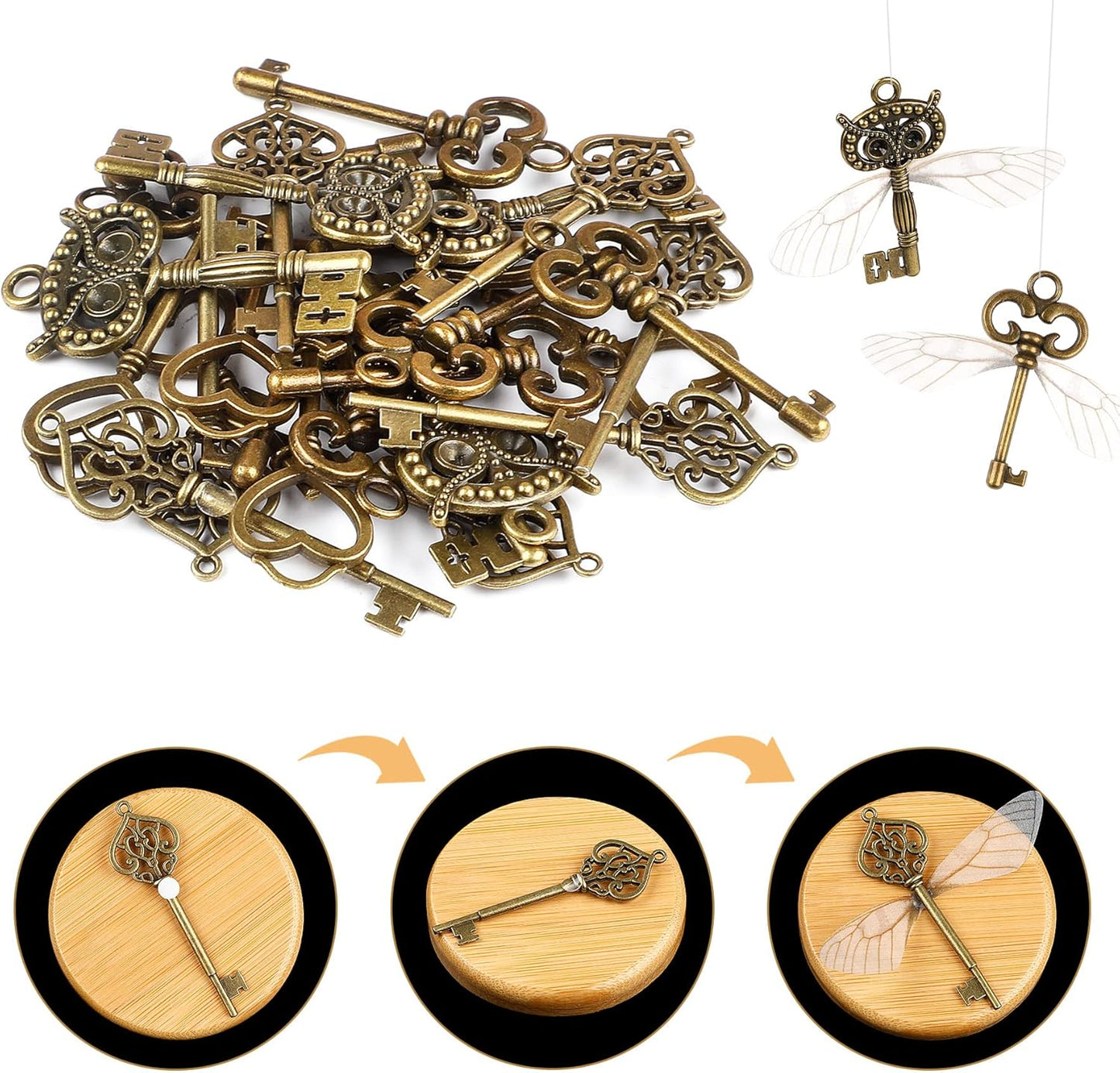 SANNIX 30 PCS Vintage Skeleton Keys Flying Keys with 30 Pairs Dragonfly Wings and 30 Yards Elastic String for Party Decorations