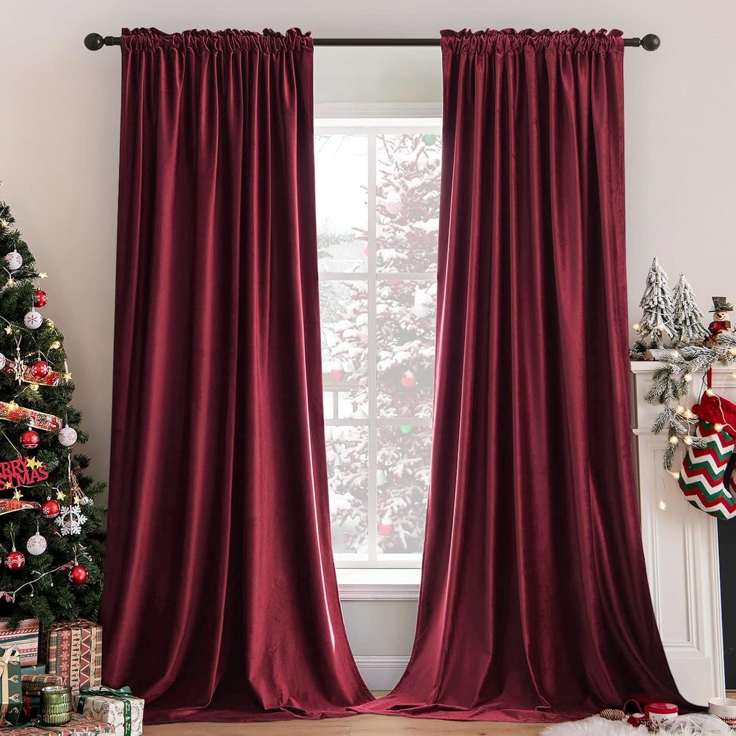 MIULEE Burgundy Velvet Curtains Thermal Insulated Blackout Curtain Christmas Drapes for Bedroom Living Room Darkening 108 Inches Long Curtains Panels Rod Pocket Set of 2