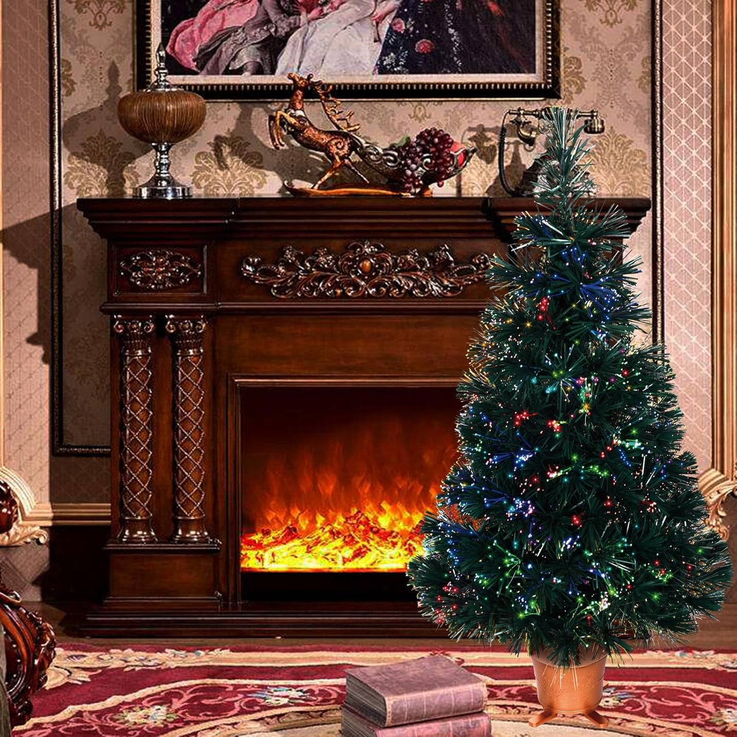 32 inch Green Pre-lit Small Fiber Optic Christmas Tabletop Tree with Gold Pot and Adaptor