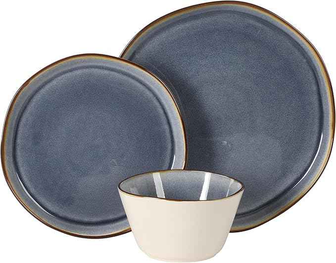Gibson Elite Algeria River Plates and Bowls Sets, 12-Piece Stoneware Dinnerware Sets, Reactive Glaze Dish Set - Blue