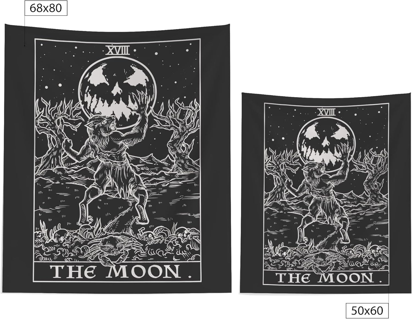 The Moon Tarot Card Tapestry (Black & White) - Werewolf - Gothic Halloween Home Decor Wall Hanging (60" x 50")