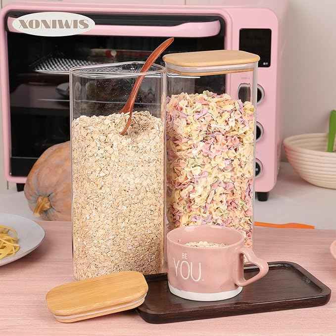 71oz 3PCS Rectangle Spaghetti Pasta Storage Containers with Lids, Tall Pantry Containers, Glass Tight Food Storage Jars with Lids for Penne, Macaroni, Lasagna, Fusilli, Cereal, Flour, Oats