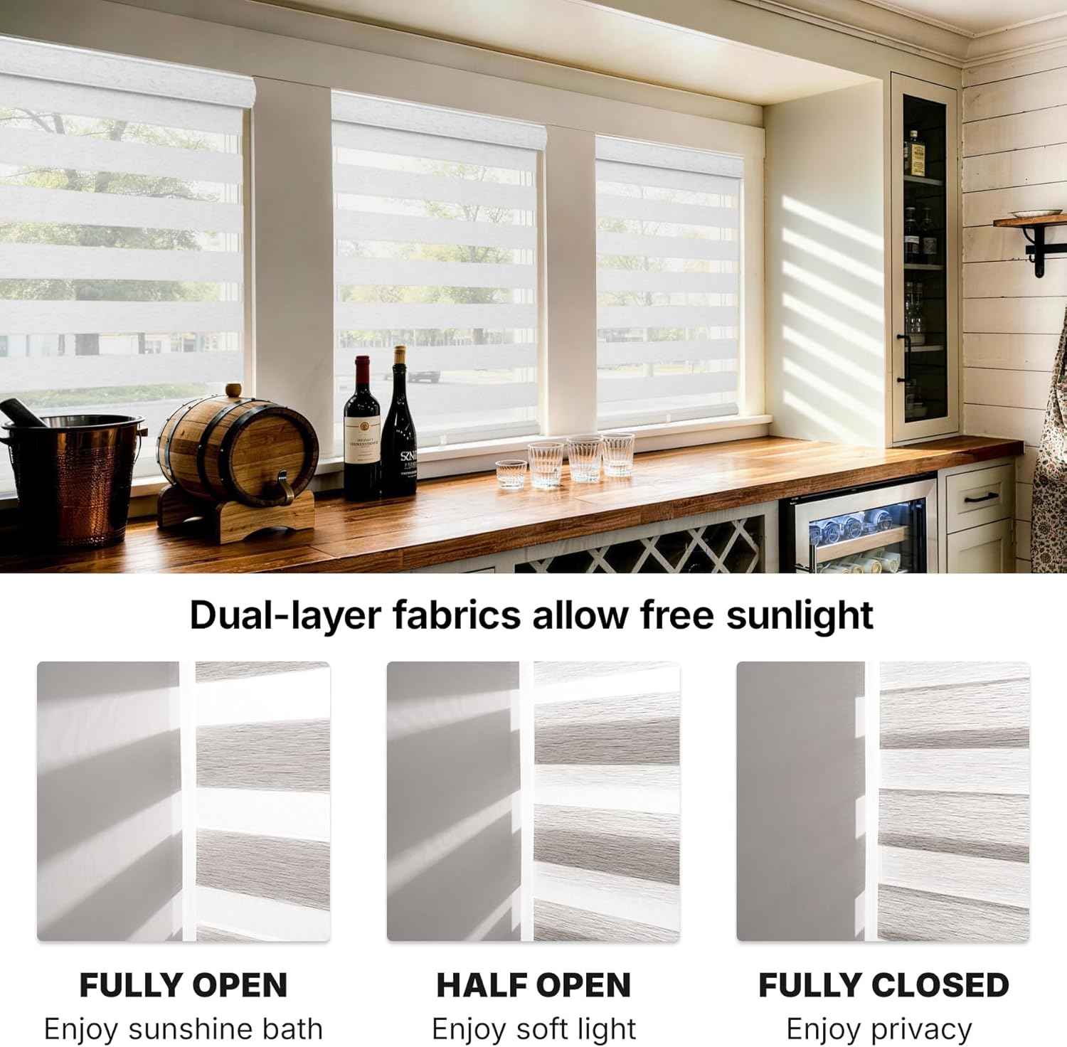HESTIA Cordless Light Filtering Zebra Shades for Windows, Day Night Dual-Layer Linen-Look Woven Fabric Roller Shades, Privacy Light Control for Living Room/Home Office, Grey White, 47" W x 72" H